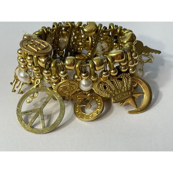 VTG 90s Safety Pin Charm Bracelet RSJ Gold Tone Peace Sign Y2K Bling Festival - Picture 1 of 6